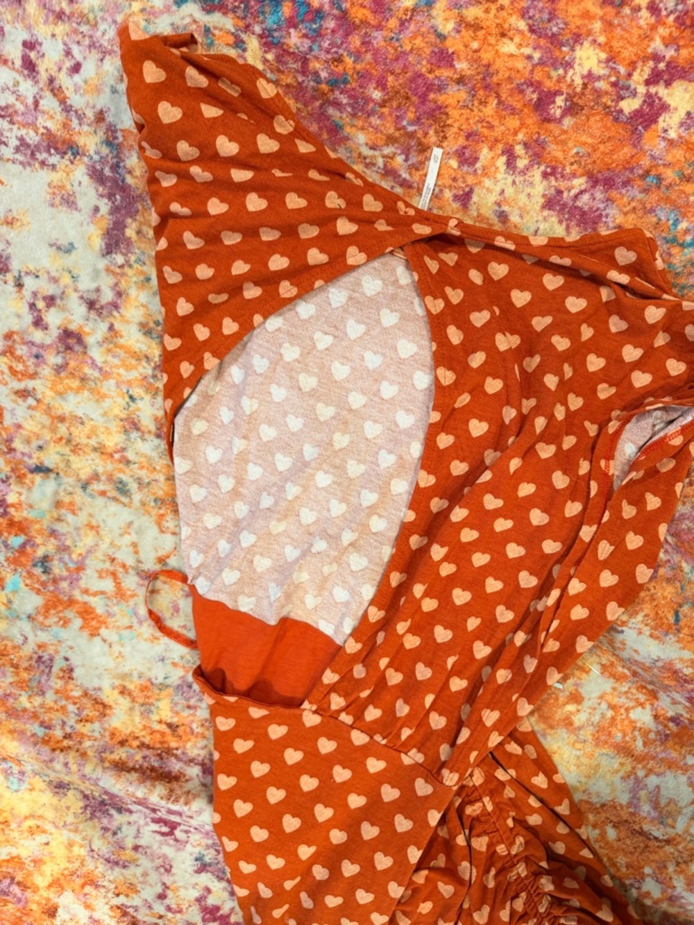 Free People Heart Print Ruched Midi Dress Orange Pink Open Back Side Slit SizeXL - Picture 3 of 3